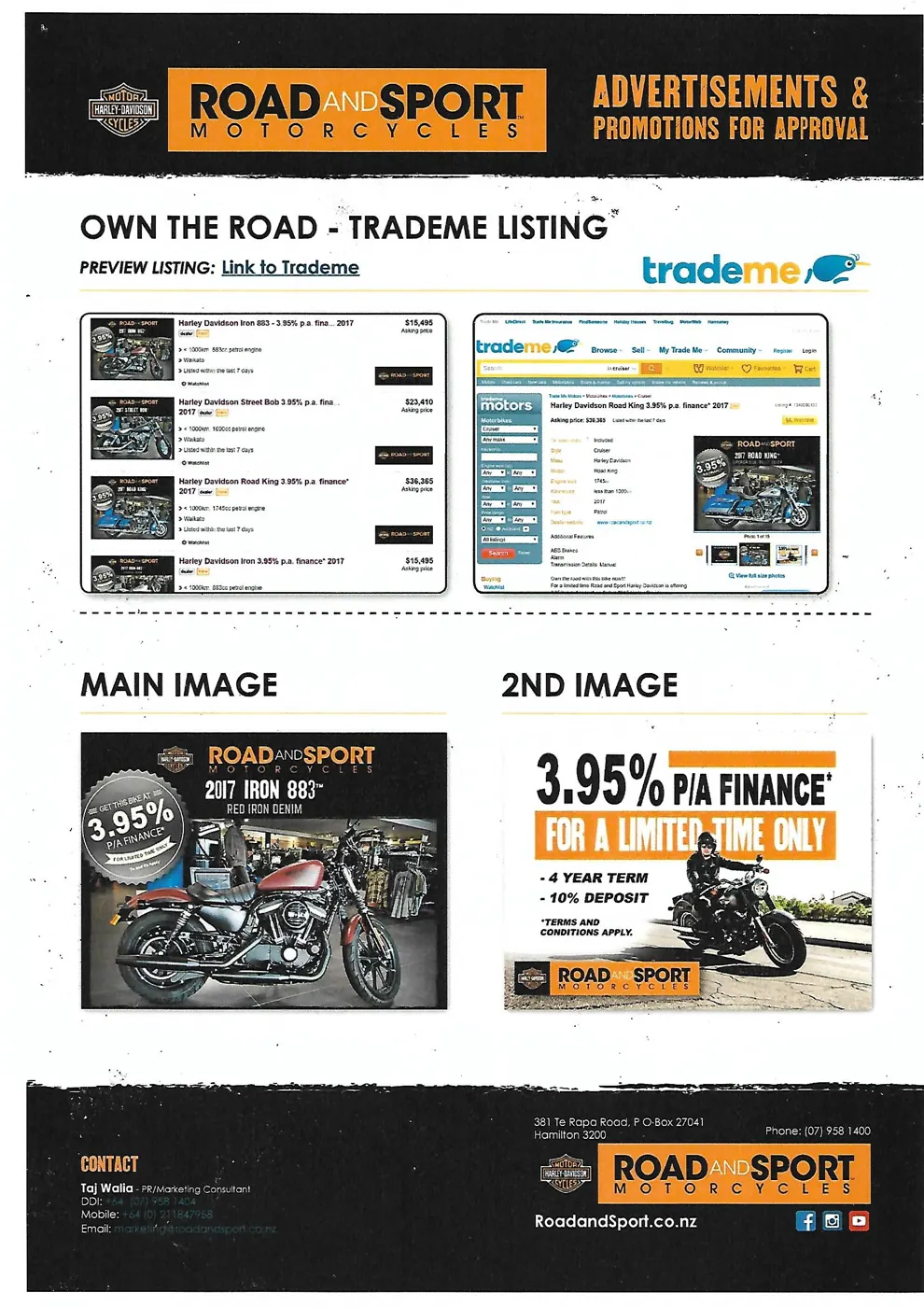 Campaign approval sheet showing TradeMe listings and finance creative
